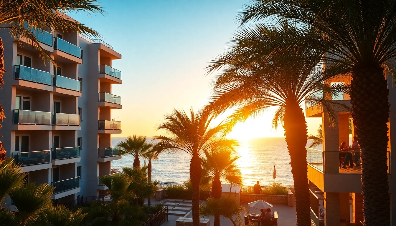 View of luxurious apartments for sale in alanya turkey against a Mediterranean sunset backdrop.