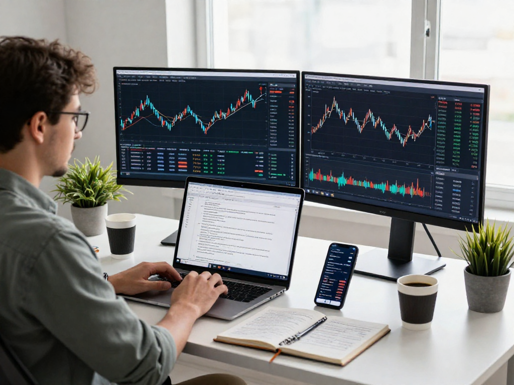 Real-time Forex API analysis workspace displaying US corn futures API data on multiple monitors and charts