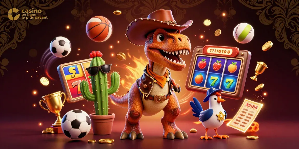 Illustration dynamique de casino en ligne le plus payant avec un T-Rex cowboy et des éléments de jeu.