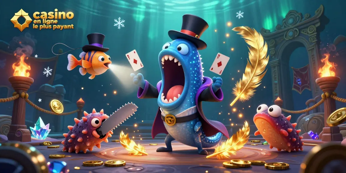 Cette illustration dynamique montre le "casino en ligne le plus payant" avec un mérou bioluminescent effectuant des tours de magie.