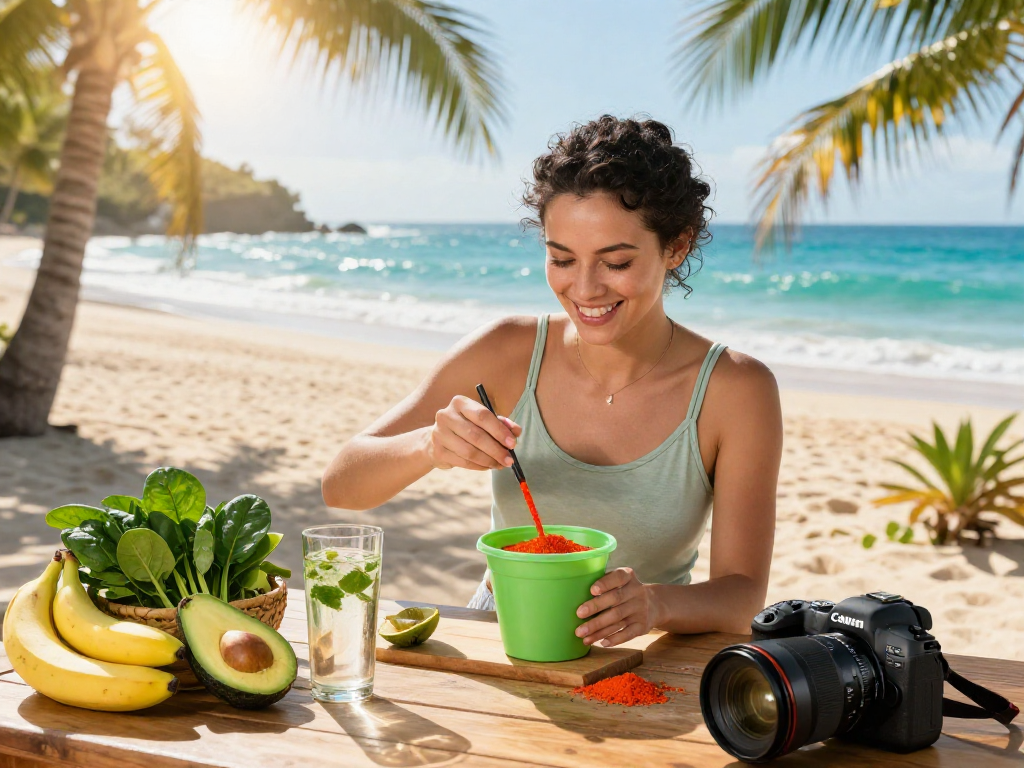 Preparing a smoothie with microalgae astaxanthin at a sunny beach for vibrant health.