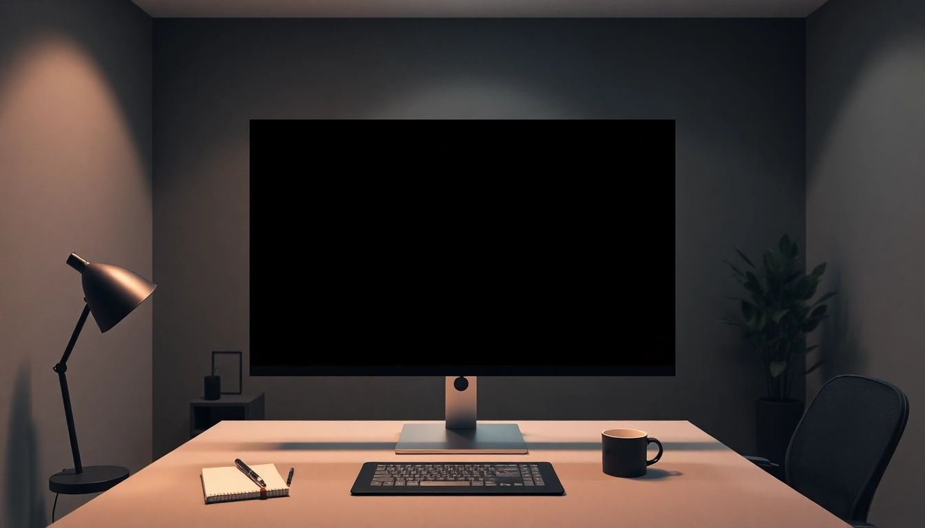High-quality black screen image displayed on a computer monitor in a modern workspace.