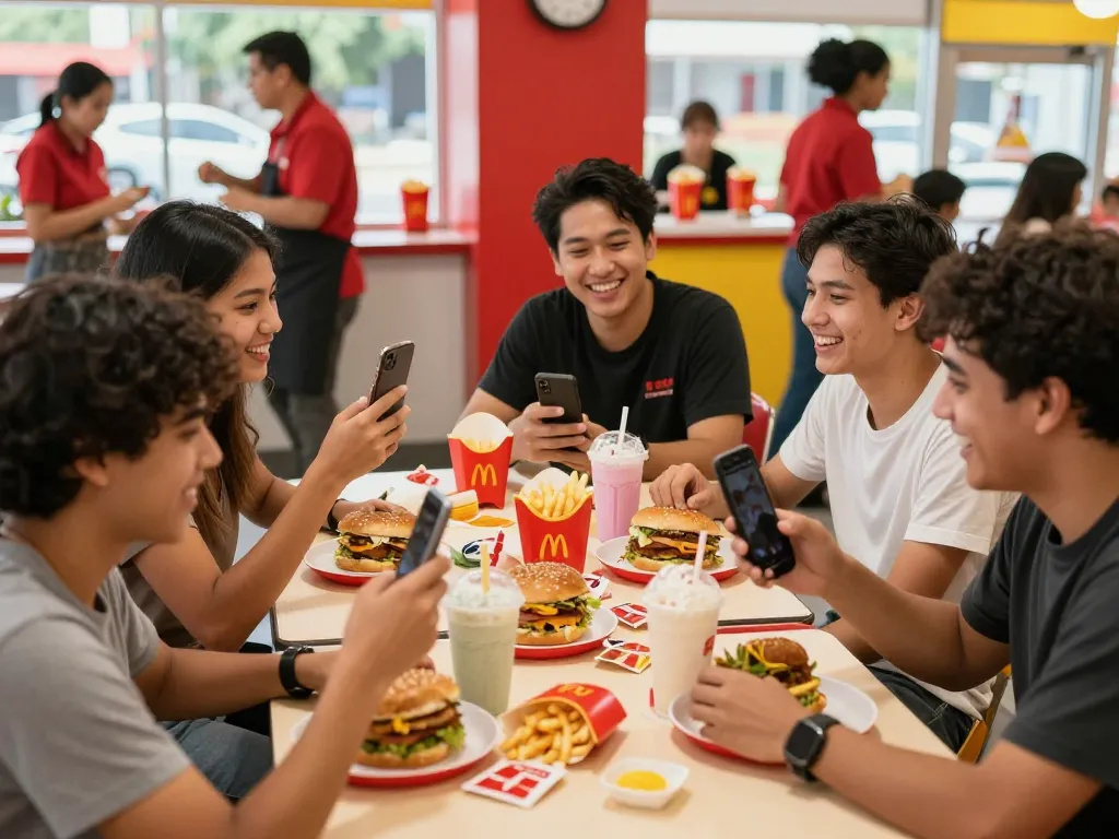 Fast food menu selection displayed by friends enjoying burgers and fries in a lively restaurant setting.
