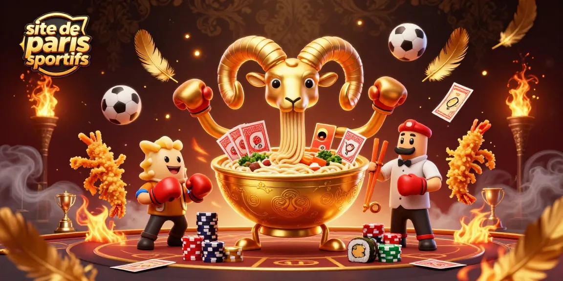 Illustration dynamique avec un bol ramen doré et des personnages, représentant un site de paris sportifs passionnant.