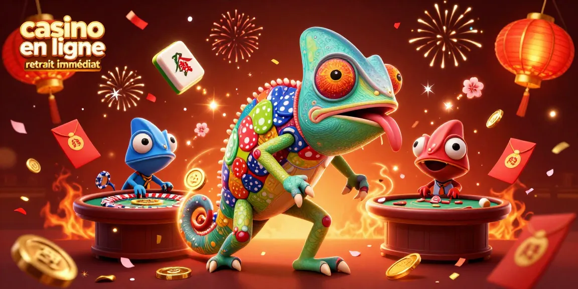 Jouer au casino en ligne retrait immédiat avec un caméléon coloré entouré de richesses et célébrations.