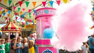 Kinderen genieten van wafel katoen op een kermis met kleurrijke decoraties.