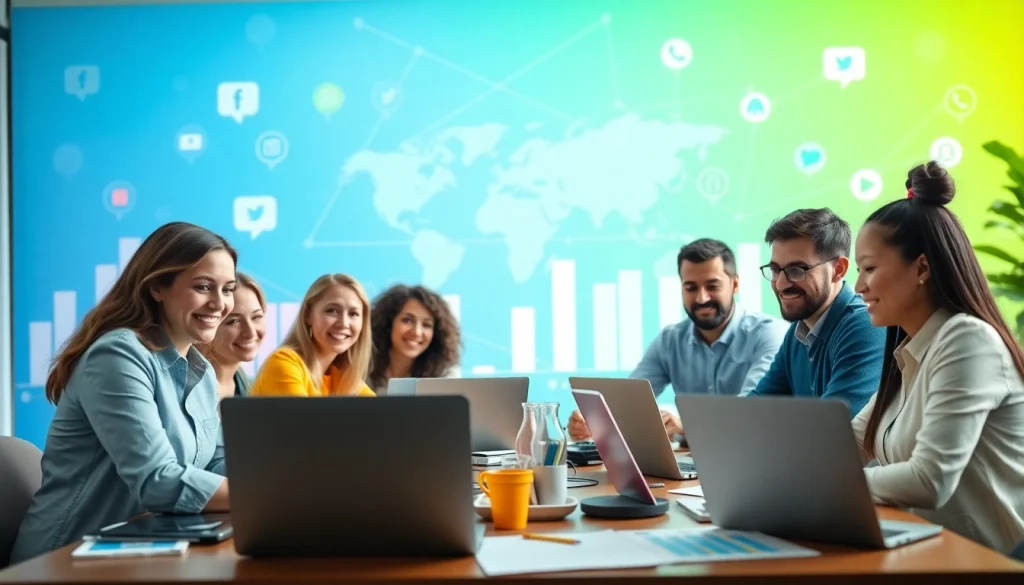 Illustration of the best smm panel with digital marketers collaborating in a bright workspace.