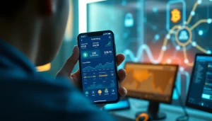 Crypto mining app interface displayed on a smartphone in a futuristic workspace.