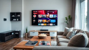 Engaging scene of Iron IPTV displayed on a smart TV in a cozy living room setup.