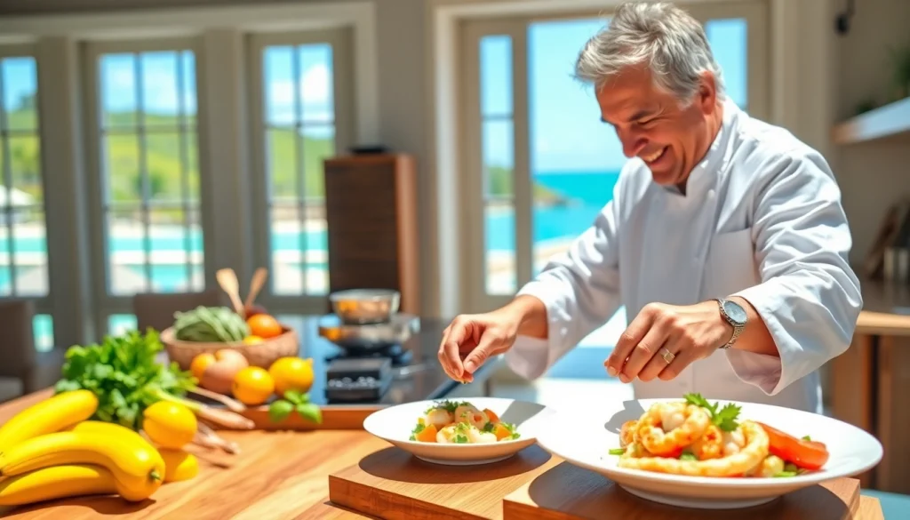 St Martin Private Chef elegantly plating a gourmet dish in a luxurious villa kitchen.