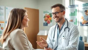 Health consultation featuring a friendly doctor guiding a patient through wellness options in a warm clinic.