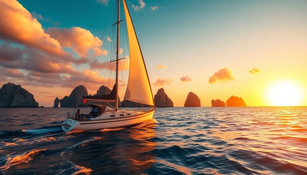Cabo sunset cruise deals on a vibrant sea with a sailboat enjoying a golden sunset. Romantic atmosphere captured beautifully.