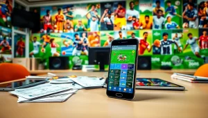 Engaged users exploring sports betting apps India on modern devices at a vibrant desk setting.