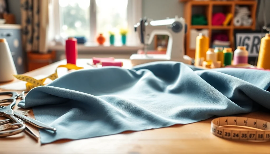 Katoen stof met kleurrijke naaigereedschappen op een houten tafel