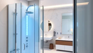 Impressionnant miroir LED dans un contexte de salle de bain sirhona France, créant une ambiance moderne.