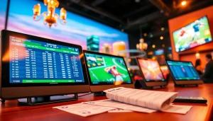 Engaging sports betting sites South Carolina scene with digital devices showcasing odds and highlights.