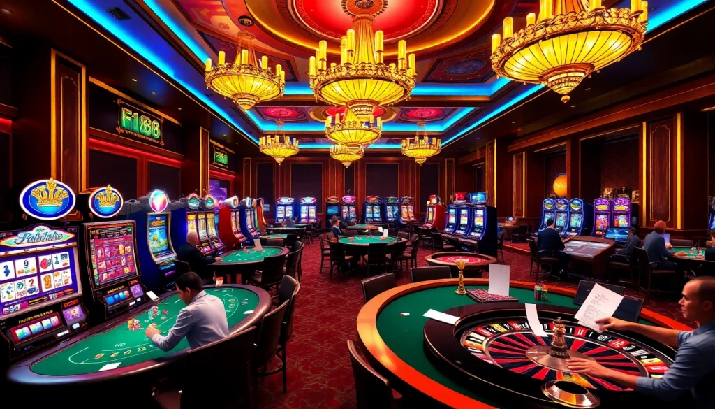 Experience thrilling gameplay with F168 at the luxury casino, featuring vibrant tables and colorful slot machines.