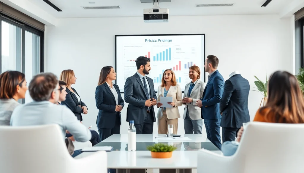 Analyze competitor pricing strategies with professionals in a modern conference room.