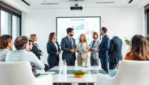 Analyze competitor pricing strategies with professionals in a modern conference room.
