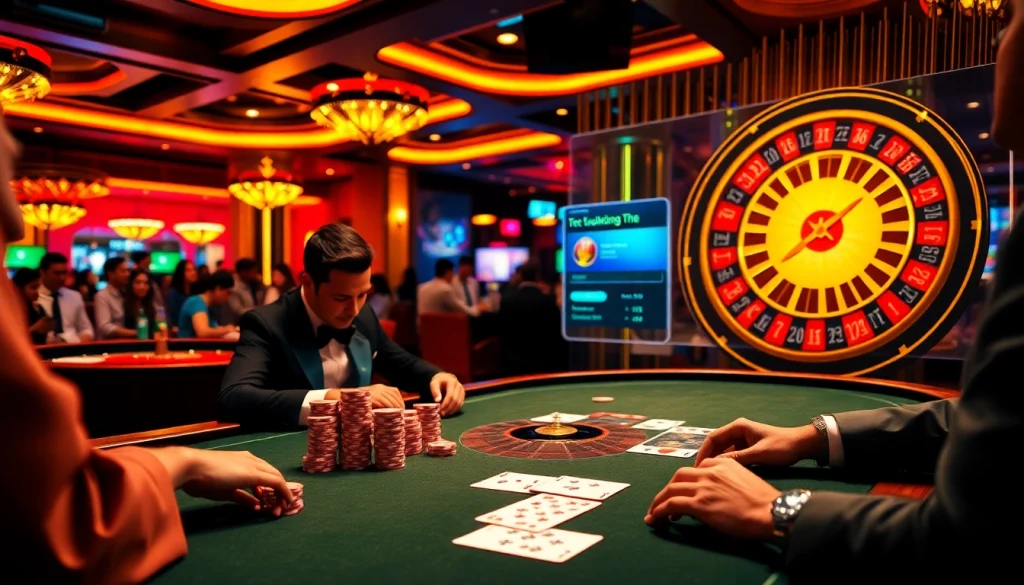 Exciting casino scene with players using 상품권신용카드 at a poker table, vibrant atmosphere.