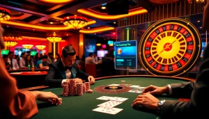 Exciting casino scene with players using 상품권신용카드 at a poker table, vibrant atmosphere.