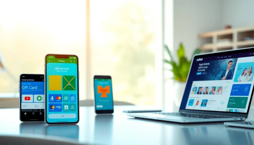 밝은 작업 공간에서 선물 카드가 표시된 스마트폰용 상품권 소액결제 인터페이스