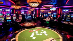 Exciting gaming action at OK365 casino with players at poker tables and flashing slot machines.