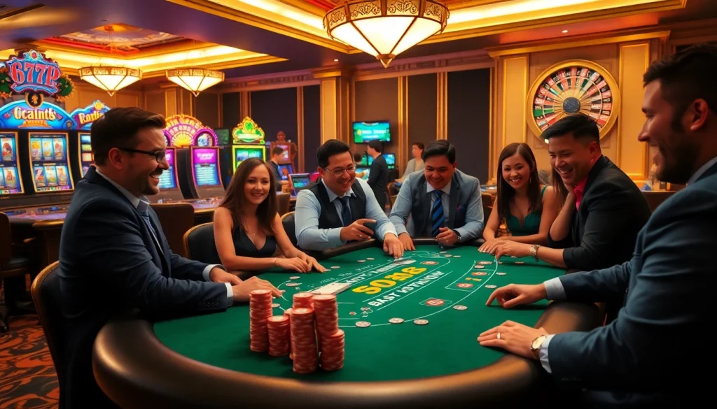 Players enjoying blackjack excitement at 6L777.VIP casino, vibrant colors, and luxury ambiance.
