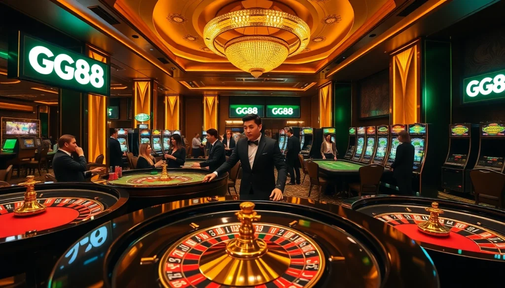 GG88 casino players enjoying slot machines and table games in a vibrant, luxurious atmosphere.