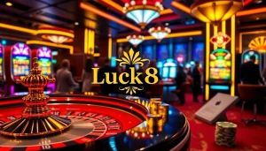 Experience the thrill of Luck8 at a luxurious casino with roulette, poker, and vibrant lights.