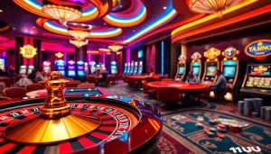 11UU casino scene with roulette wheel, poker tables, and vibrant slot machines.