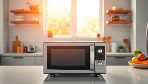 Efficient cooking with an affordable microwave oven showcased in a bright modern kitchen.