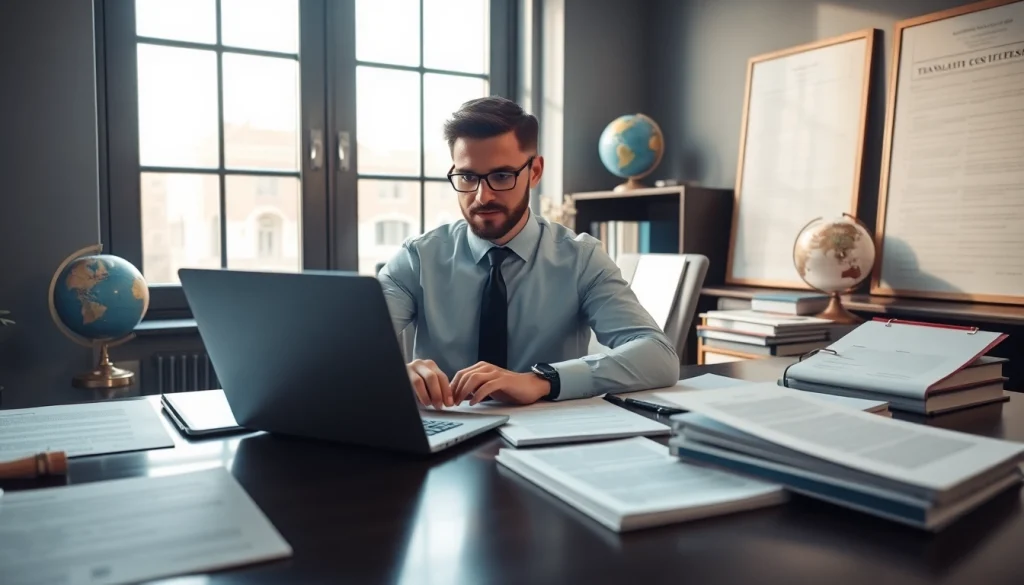 Professional translator focused on soudní překlad in a modern office.