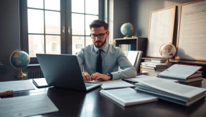 Professional translator focused on soudní překlad in a modern office.