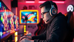 Permainan slot pulsa yang seru dengan gamer fokus di depan layar modern.