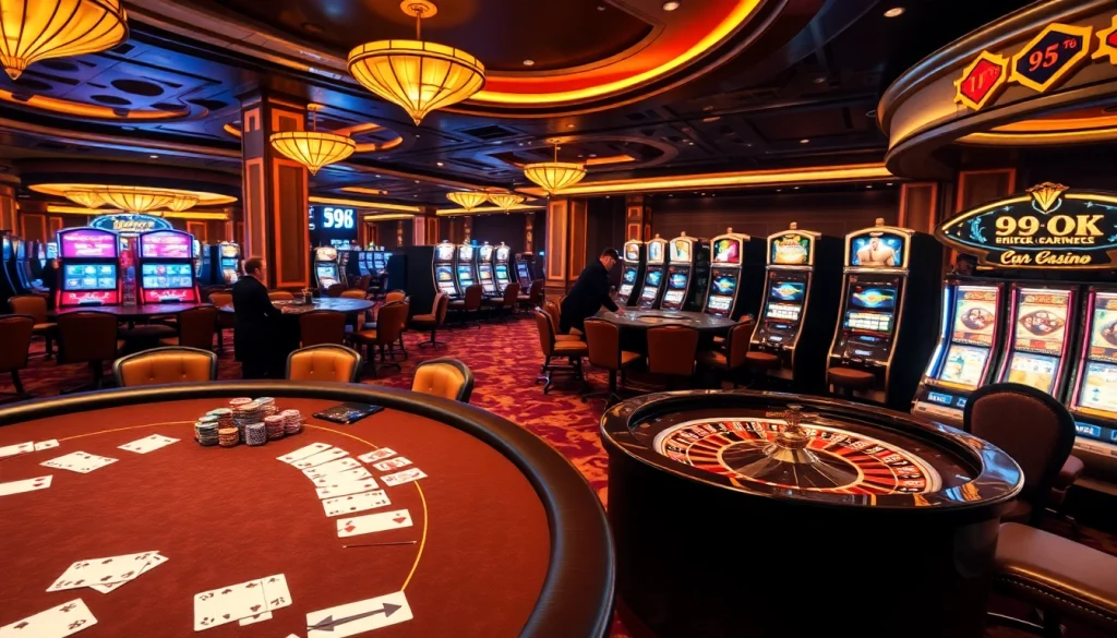 Experience high-stakes games at 99OK with vibrant poker tables and roulette wheels in action.