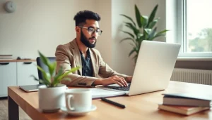 Engaging in Cover Letter Generation at a desk with a laptop and a cover letter template displayed.
