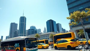 Transportation scene displaying a bustling urban environment with public buses and taxis.