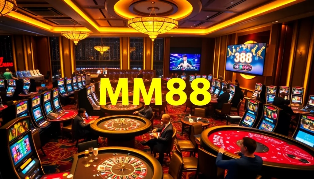 Casino gaming experience at MM88, showcasing players engaged in poker, roulette, and slot machines.