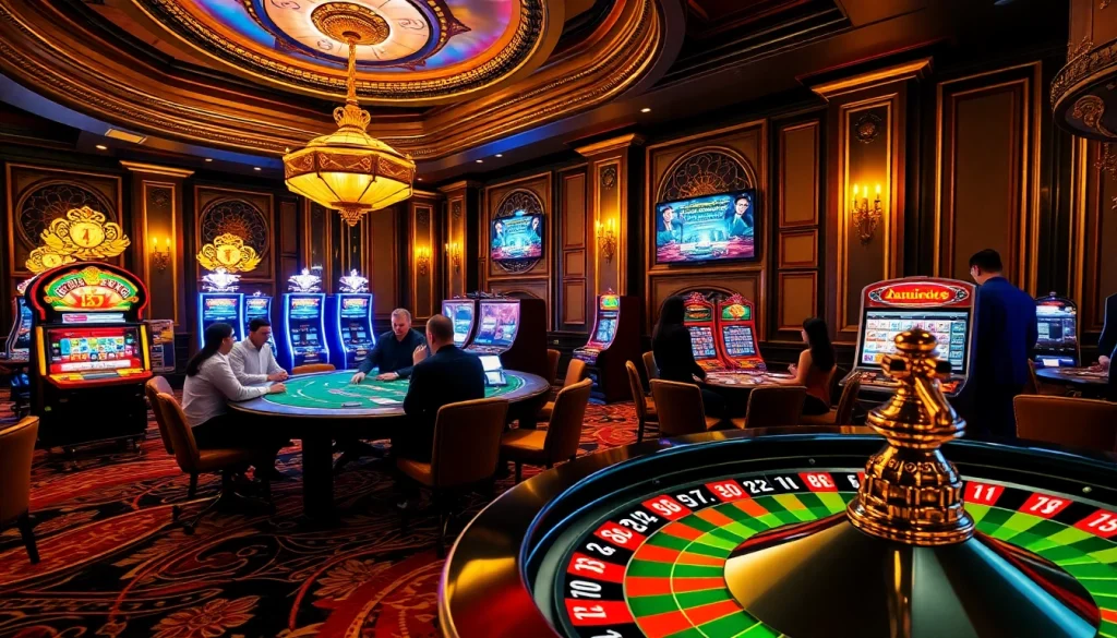 Excited gamblers at a luxurious casino table at https://rr88.wales/ showcasing vibrant poker action and slot machines.