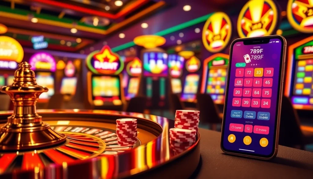 Engaging scene of online gambling with poker chips and 789F app interface.