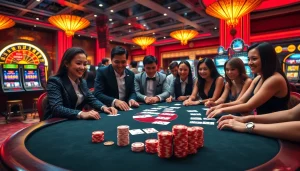 LC88 table with poker chips, cards, and roulette wheel in a vibrant casino setting.