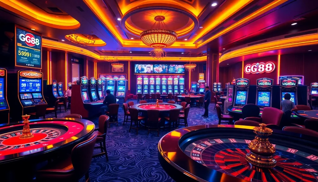 GG88 casino gaming area with vibrant tables, exciting slot machines, and a spinning roulette wheel.