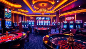 GG88 casino gaming area with vibrant tables, exciting slot machines, and a spinning roulette wheel.
