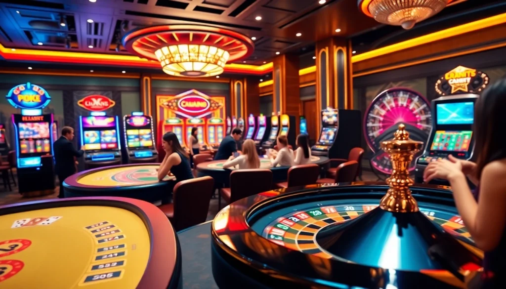 Exciting online casino scene at xx88 with vibrant tables, slot machines, and engaged players.