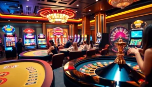 Exciting online casino scene at xx88 with vibrant tables, slot machines, and engaged players.