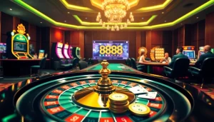 Exciting casino scene showcasing gaming at https://888newco.com/ with roulette wheel, cards, and chips