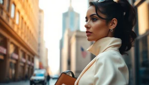 Showcasing Rivelle fashion: a model in an elegant urban outfit amidst a stylish backdrop.