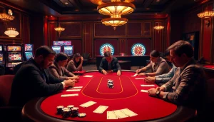 Experience the thrill of NEW88 with players engaged at a luxurious poker table.