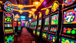 Slot hoki gaming scene with vibrant slot machines, lucky symbols, and an inviting atmosphere.